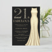 Goldkleid & Schwarze Frauen 21. Geburtstag Party Einladung (Stehend Vorderseite)