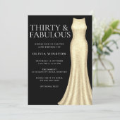 Goldkleid & Schwarze Frauen 30. Geburtstag Party Einladung (Stehend Vorderseite)