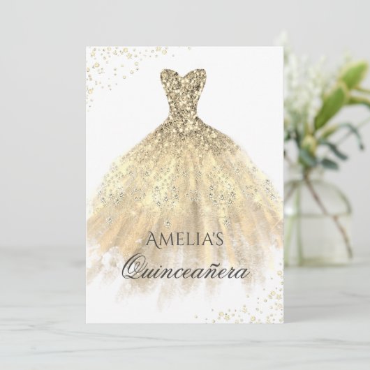 Goldkleid Sparkle Quinceanera Einladung (Stehend Vorderseite)