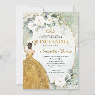 Goldkleid Tiara Kronenkronen weiße Rosen Grün Einladung