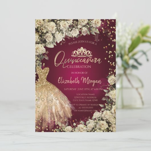 Goldkleid Tiara, Rose Burgund Quinceañera Einladung (Stehend Vorderseite)