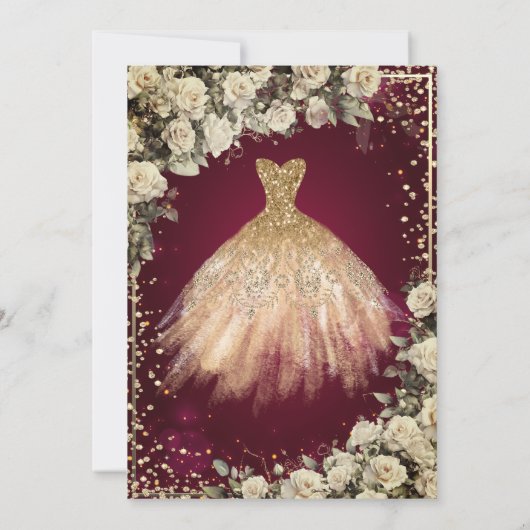Goldkleid Tiara, Rose Burgund Quinceañera Einladung (Rückseite)