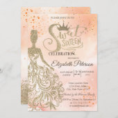 Goldkleid, Tiara, Wasserfarben, OrangeSweet 16 Einladung (Vorne/Hinten)