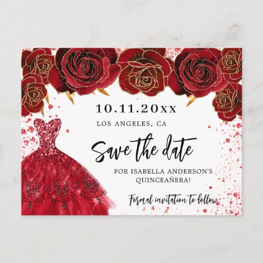 Goldkleidung aus Quinceanera Save the Date Ankündigungspostkarte (Vorderseite)