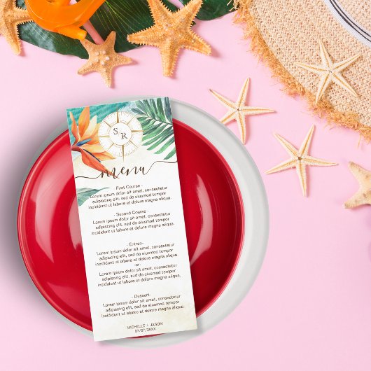 Goldkompass für tropische Hochzeiten Menükarte