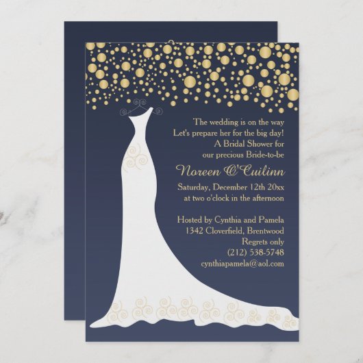 Goldkonfetti, Hochzeitskleid auf blauem Brautparty Einladung (Vorne/Hinten)