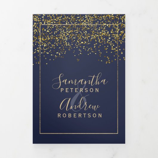 Goldkonfetti-Marine Bluypografie Foto Hochzeit Dreifach Gefaltete Einladung (Cover)