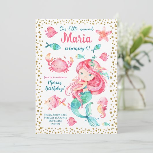 Goldkonfetti Mermaid Birthday Einladung (Stehend Vorderseite)