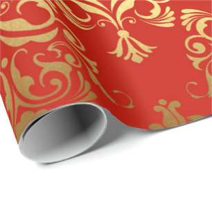 Goldkönigliches Damast-Blumenverzierungs-Rot Geschenkpapier