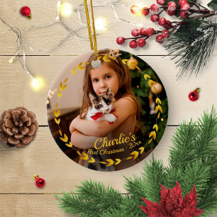 Goldkranz Katze Erstes Weihnachten Einfache Foto Keramik Ornament