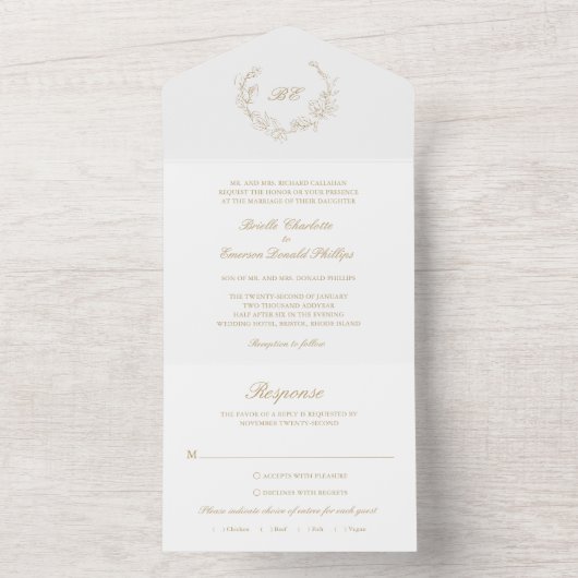 Goldkranz-Monogram-Elegante Hochzeit All In One Einladung (Innen Boden)