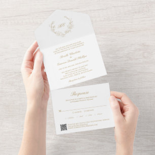 Goldkranz Monogramm QR-Code Elegante Hochzeit All In One Einladung