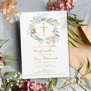 Goldkreuz-Aquarell-Blumen-Konfirmation Einladung