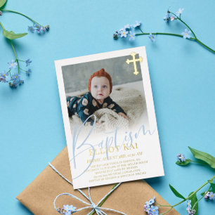 Goldkreuz Blassblaue Schrift Foto Taufe Folieneinladung
