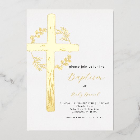 Goldkreuz Blumengarten Einfache Taufe Folieneinladung (Vorderseite)