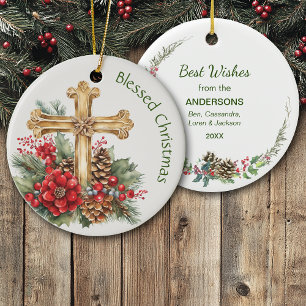 Goldkreuz-Blumenstrauß Gesegnetes Weihnachten Keramik Ornament
