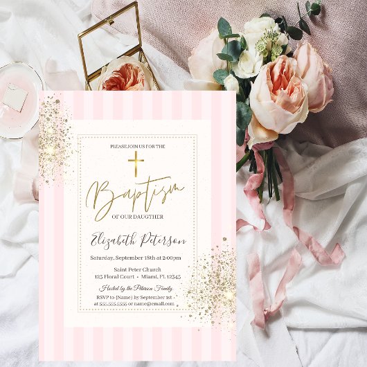Goldkreuz Diamantstaub Rosa Taufe Einladung