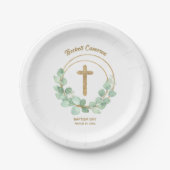 Goldkreuz Eukalyptus Wreath-Taufe Pappteller (Vorderseite)