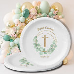 Goldkreuz Eukalyptus Wreath-Taufe Pappteller<br><div class="desc">Ein goldenes Imitat-Glitzer-Kreuz und Eukalyptus-Blätter markieren diese Teller mit Ihrem Text in schicker Schrift. Ideal für die Taufe,  Taufe oder erste Kommunion Ihres Kindes. PASSENDE Artikel in unserem Shop erhältlich.</div>