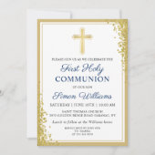 Goldkreuz Glitzer Navy Blauer Erstkommune Einladung (Vorderseite)