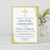 Goldkreuz Glitzer Navy Blauer Erstkommune Einladung (Stehend Vorderseite)