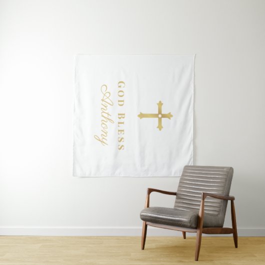 Goldkreuz Gott segne Baby Custom Baptisse Wandteppich (Beispiel (Horizontal))