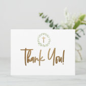 Goldkreuz Grüner Wasserfarbenkranz Erste Kommune Dankeskarte (Stehend Vorderseite)