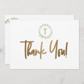 Goldkreuz Grüner Wasserfarbenkranz Erste Kommune Dankeskarte (Vorne/Hinten)