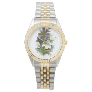 Goldkreuz mit weißer Blume Armbanduhr