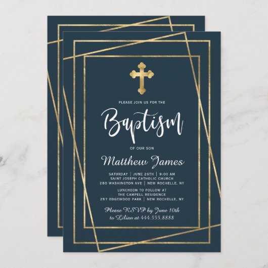 Goldkreuz Moderne Script Navy Blue Boy Taufe Einladung (Vorne/Hinten)