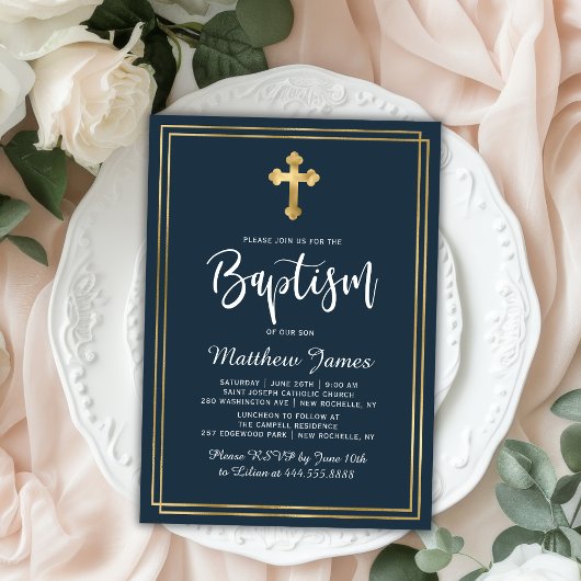 Goldkreuz Moderne Script Navy Blue Boy Taufe Einladung