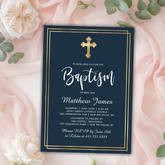 Goldkreuz Moderne Script Navy Blue Boy Taufe Einladung