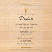 Goldkreuz Modernes Script Minimal Elegante Taufe Acryleinladungen (Vorderseite)