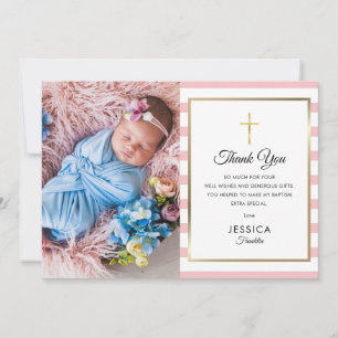 Goldkreuz rosa Streifen Taufe Foto Dankeskarte