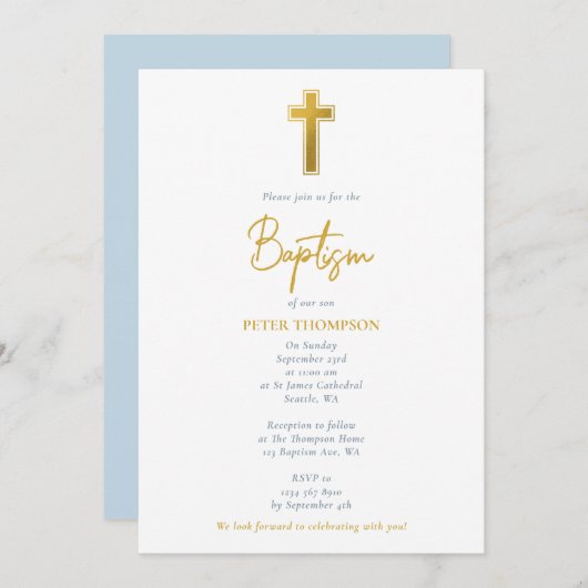 Goldkreuz Schriftliche Taufe für Boy Einladung (Vorne/Hinten)
