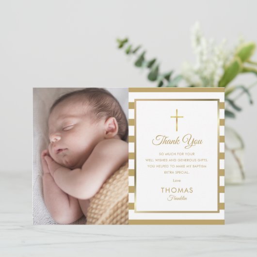 Goldkreuz-Taufe-Foto Dankeskarte (Stehend Vorderseite)
