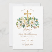 Goldkreuz und Blume Taufe Einladung (Vorderseite)