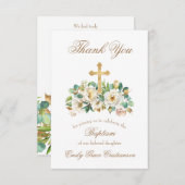 Goldkreuz und blumenweiße Taufe Dankeskarte (Vorne/Hinten)