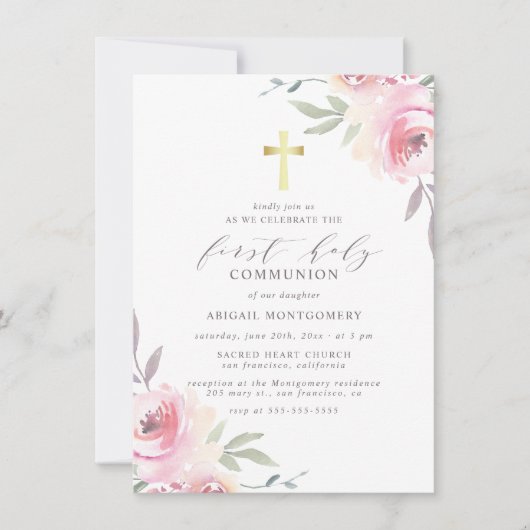Goldkreuz und gestrichene Blume Erste Heilige Komm Einladung (Vorderseite)