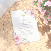 Goldkreuz und gestrichene Blume Erste Heilige Komm Einladung