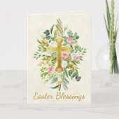 Goldkreuz und rosa Rosen - Gewohnter Ostern Karte (Vorderseite)