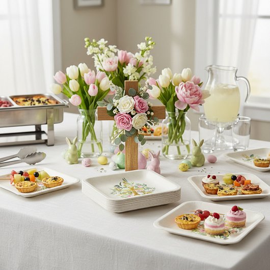 Goldkreuz und rosa Rosen - Gewohnter Ostern Pappteller
