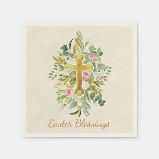 Goldkreuz und rosa Rosen - Gewohnter Ostern Serviette (Vorderseite)