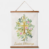 Goldkreuz und rosa Rosen - Gewohnter Ostern Wandteppich Mit Holzrahmen (Vorderseite)