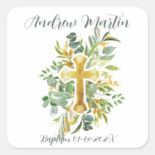 Goldkreuz Wasserfarben Taufe 1. Kommune Quadratischer Aufkleber (Vorderseite)