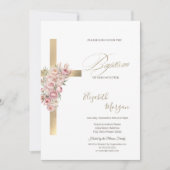 Goldkreuzrosa Blume Taufe Glitzer Confetti Einladung (Vorderseite)