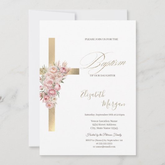 Goldkreuzrosa Blume Taufe Glitzer Confetti Einladung (Vorderseite)