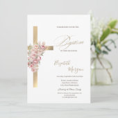 Goldkreuzrosa Blume Taufe Glitzer Confetti Einladung (Stehend Vorderseite)