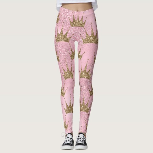 Goldkronen mit rosa Glitzer im Hintergrund Leggings (Vorderseite)
