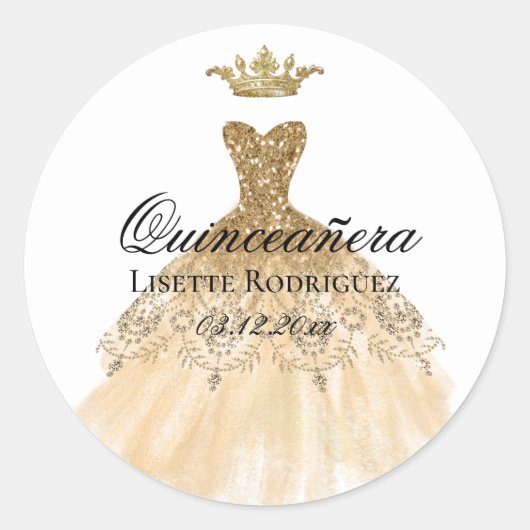 Goldkronen-Prinzesskleid Quinceanera Party Runder Aufkleber (Vorderseite)